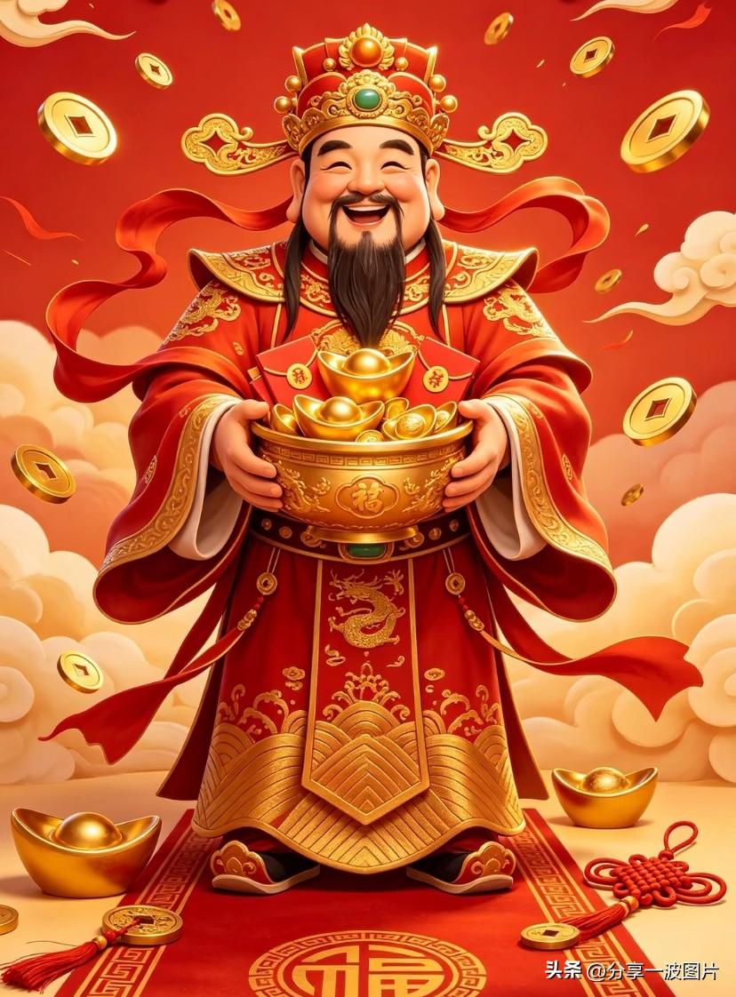 财神来到你家门，有人在家吗？快出来迎接🙏
捧来满盆金灿灿元宝，携福运踏云而来。