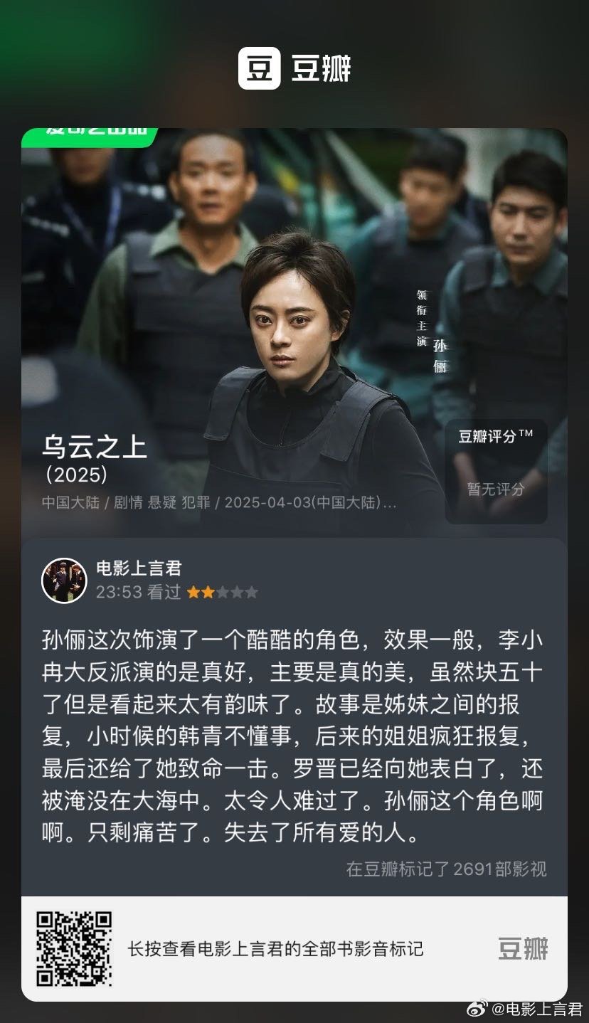 看过电视《乌云之上》，我的评分：★★☆☆☆ 孙俪这次饰演了一个酷酷的角色，效果一