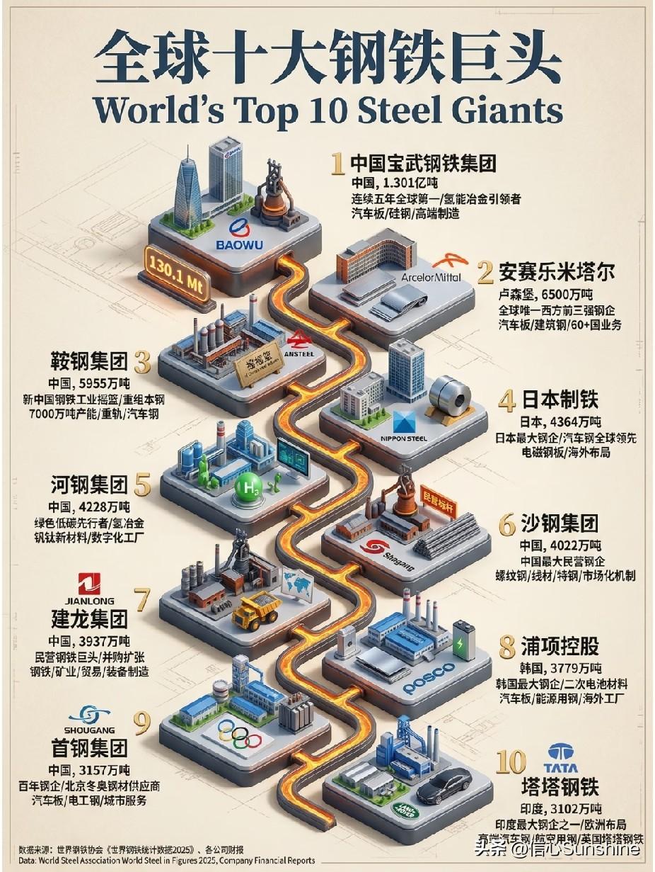 全球十大钢铁巨头。
中国为撑起世界钢铁生产的脊梁。[赞][赞][赞]全球钢铁产量