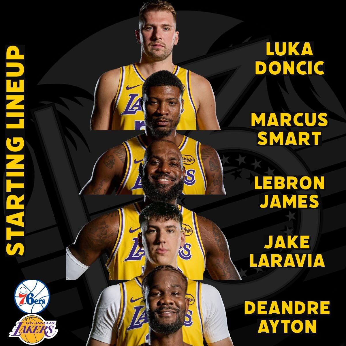 今日首发：东契奇、斯玛特、拉拉维亚、詹姆斯、艾顿！76人vs湖人洛杉矶湖人