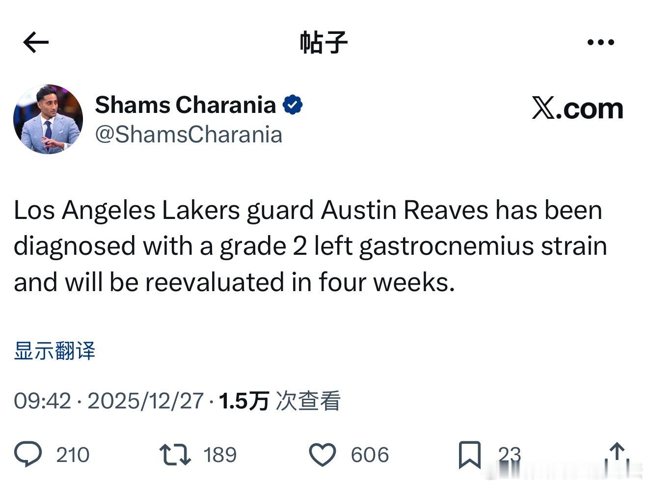 Shams：里夫斯左侧腓肠肌二级拉伤，将在四周后重新评估。新赛季篮不住