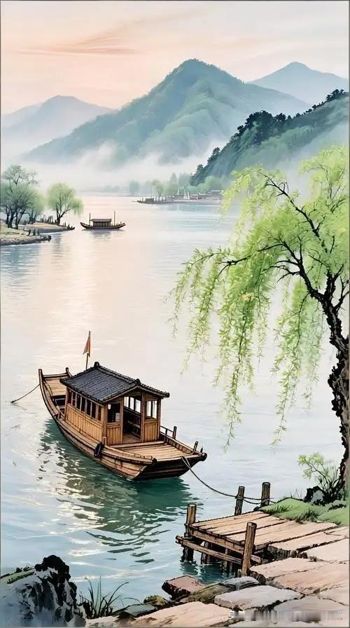 《吴门道中》
——宋·孙觌
数间茅屋水边村，
杨柳依依绿映门。
渡口唤船人独立，
