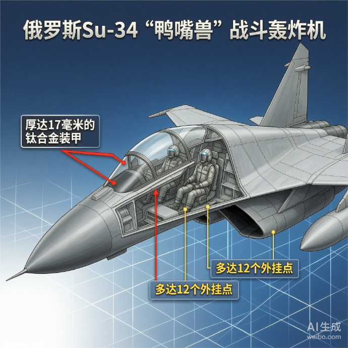 军事ai新视野 俄罗斯Su-34“鸭嘴兽”战斗轰炸机Su-34是苏霍伊设计局研制