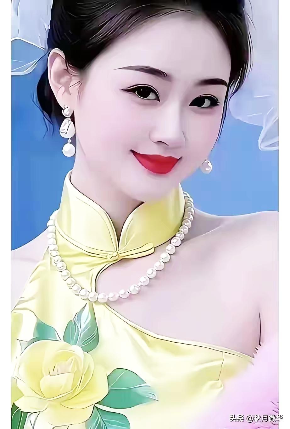 优雅旗袍，温婉动人，珍珠点缀，尽显东方韵味。