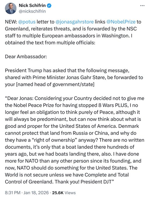 太疯狂了。据 PBS 记者 Nick Schifrin说，阿川给挪威首相写了一封