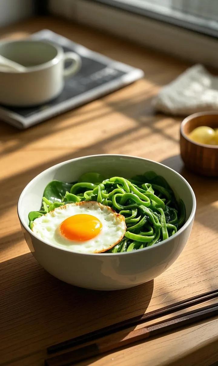 一日之计在于晨，早餐我给自己做了一碗充满春天气息的菠菜面。把嫩绿的菠菜洗净，打成