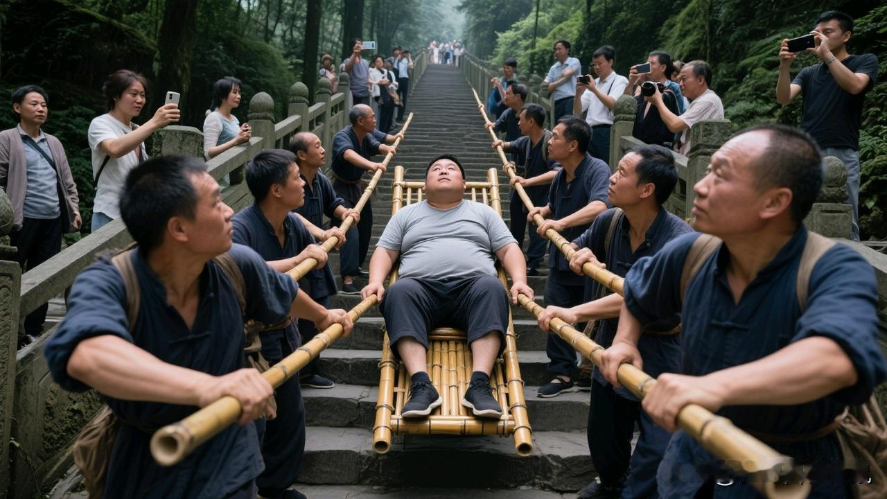 事件：体重263斤的男子坐轿子上峨眉山
轿夫：9名轿夫轮流抬
行程：42公里
耗