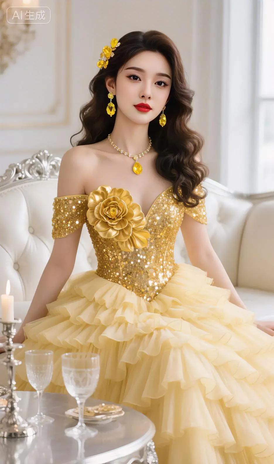 将金色的浪漫揉进层叠裙摆，每一片褶皱都藏着精致心思。恰到好处的露肩设计，搭配简约