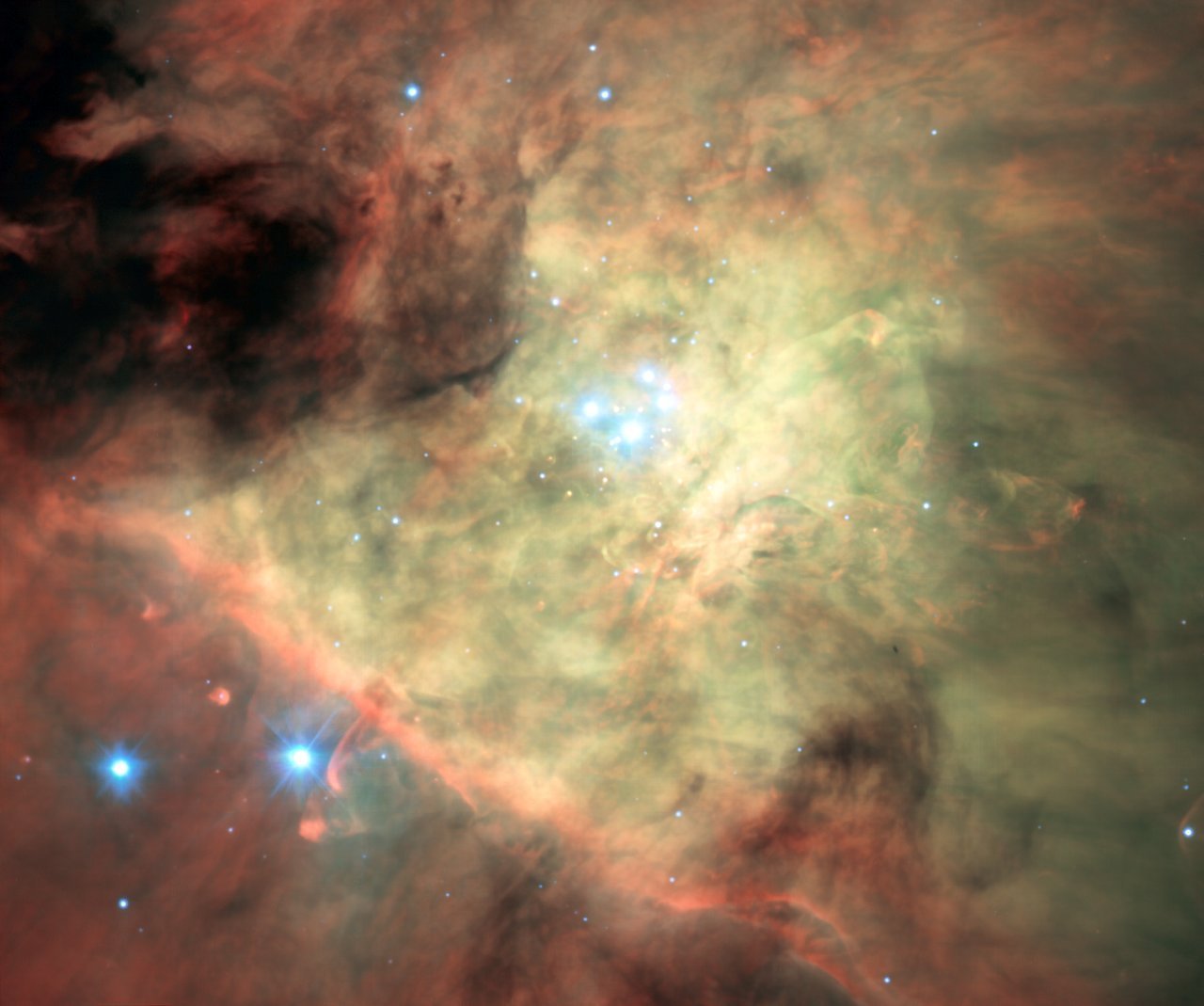 #每天一天文图# 这张猎户座星云的彩色合成图是根据 ESO 甚大望远镜上的新型 