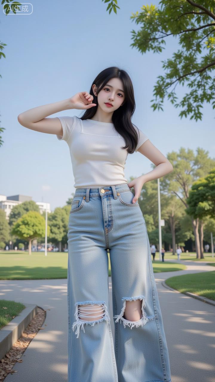 公园草坪上的元气甜妹
 
米白短T搭破洞阔腿牛仔裤，清爽又带点小俏皮~发丝被风扬