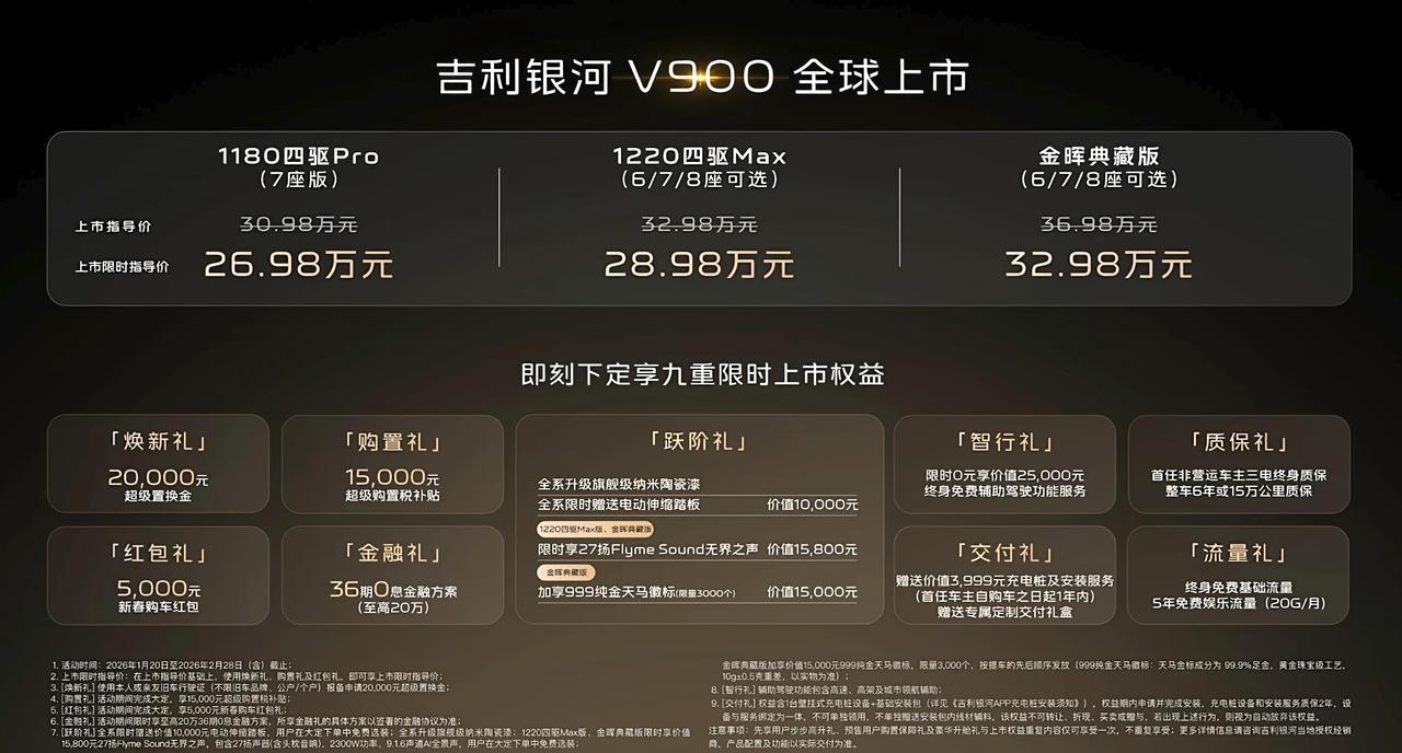 吉利银河V900上市，限时优惠指导价26.98-32.98万元。
接着上市，我来