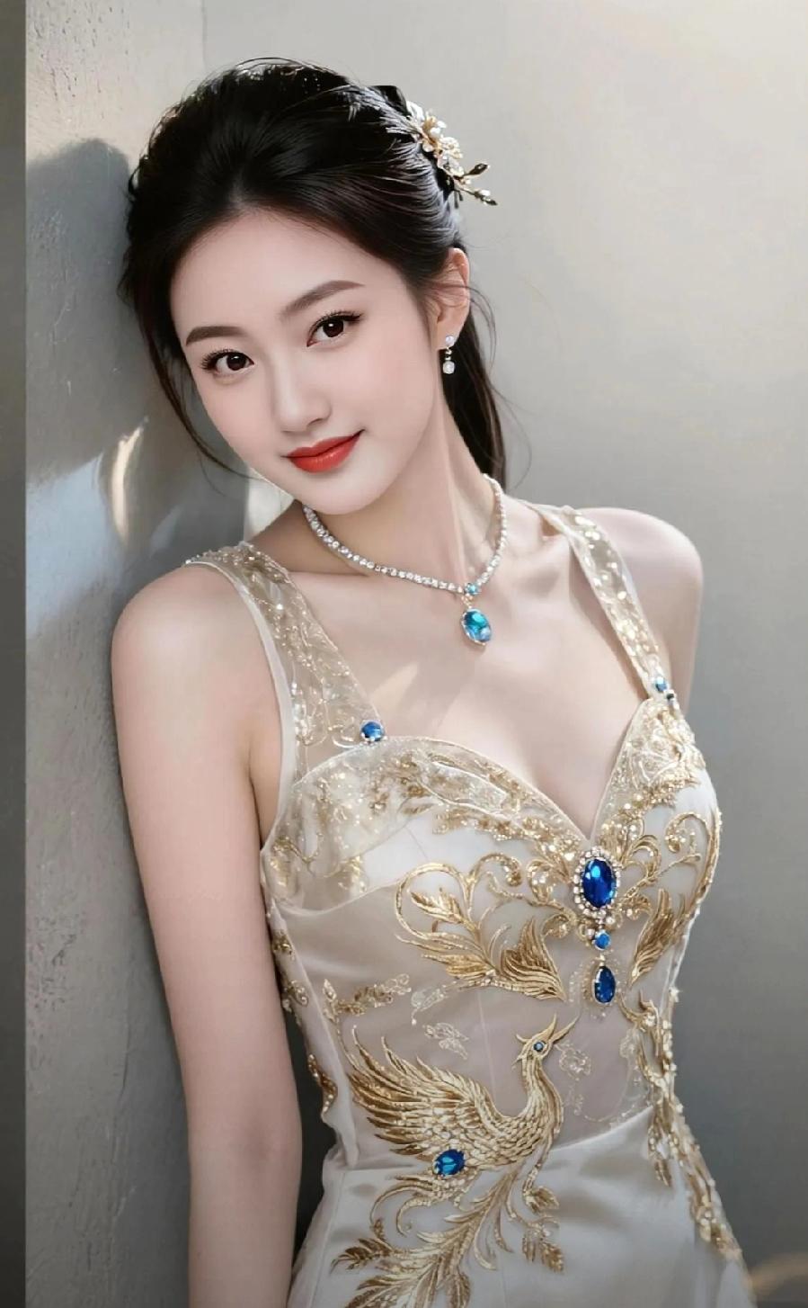 优雅复古风，蓝宝石项链点缀，惊艳的东方美人