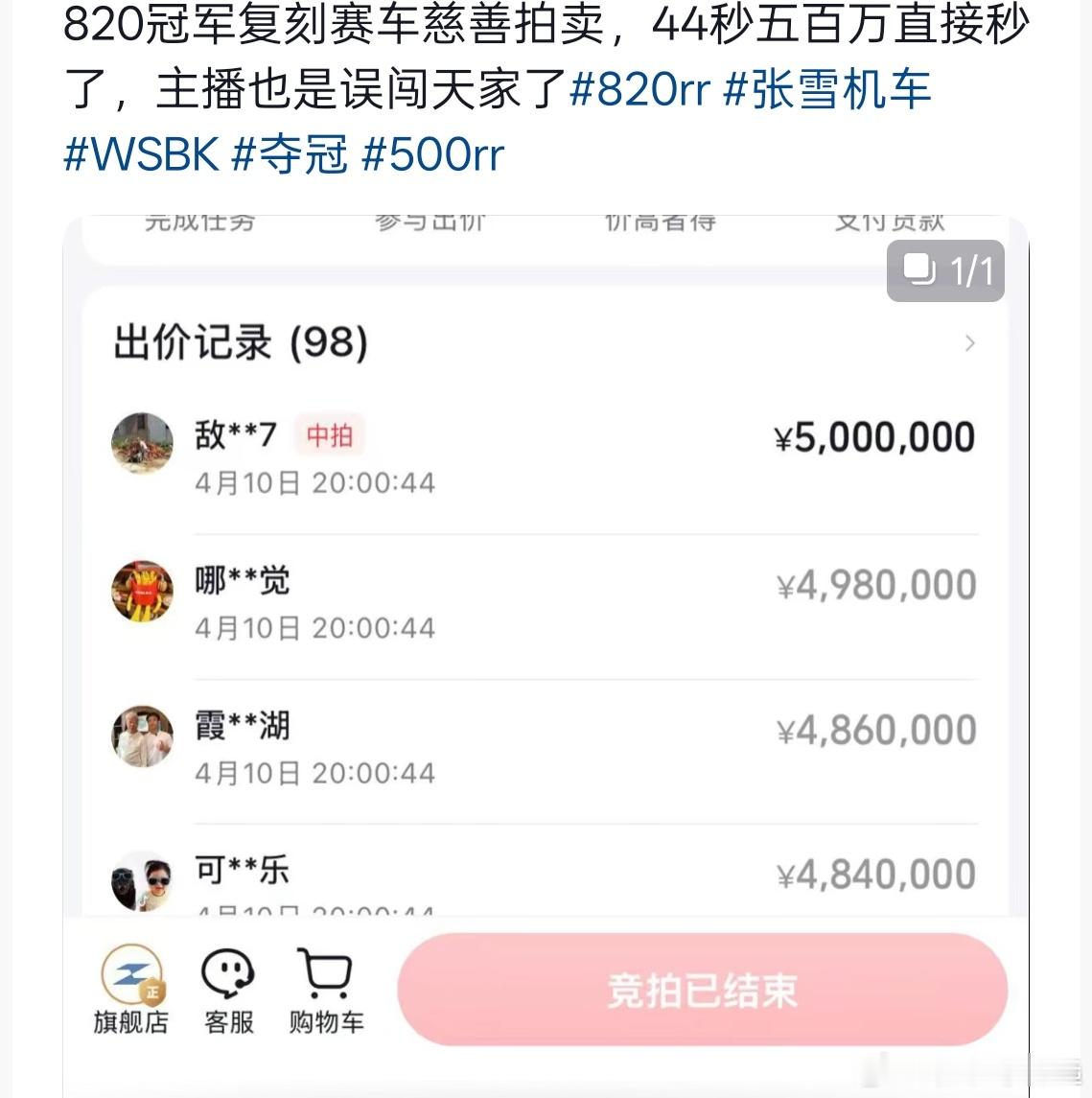 张雪拍卖1分钟结束太热血了!!!张雪机车不是刚在WSBK历史性的拿了中国机车品牌