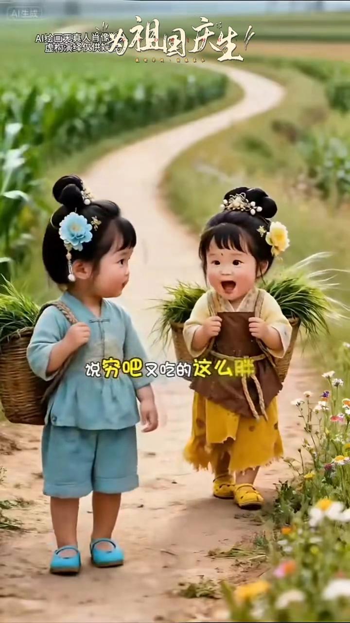 为祖国庆生。
AI给画天真人肖像。
说穷吧，又吃的这么胖；说富吧，又总是缺钱花你