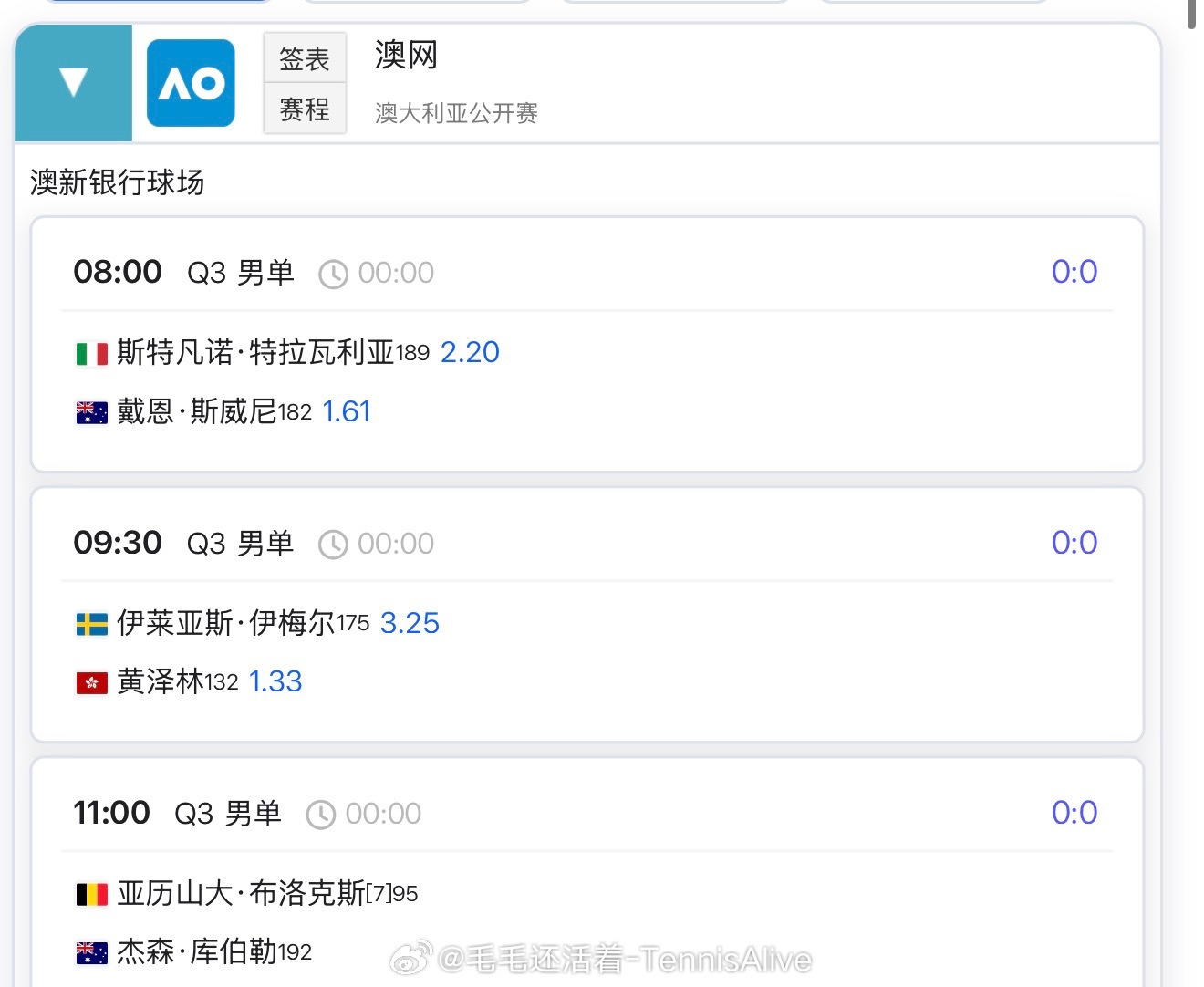 【1 月 15 日比赛赛程+直播赛程】10:00 黄泽林 vs伊梅尔（澳新银行）