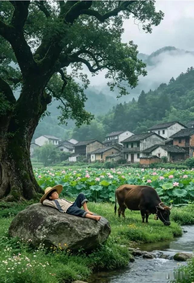 七律《牧童》
 
古槐荫下纳晓凉，
老牛闲傍碧溪塘。
田田翠盖荷花绽，
隐隐青峰