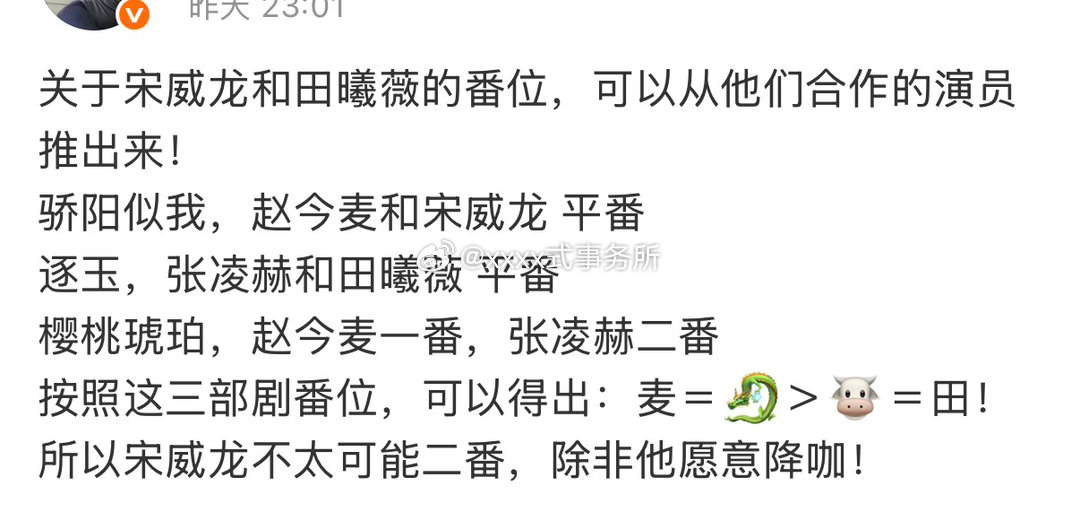 宋威龙和田曦薇刚传出合作，就开始各种类比番位了