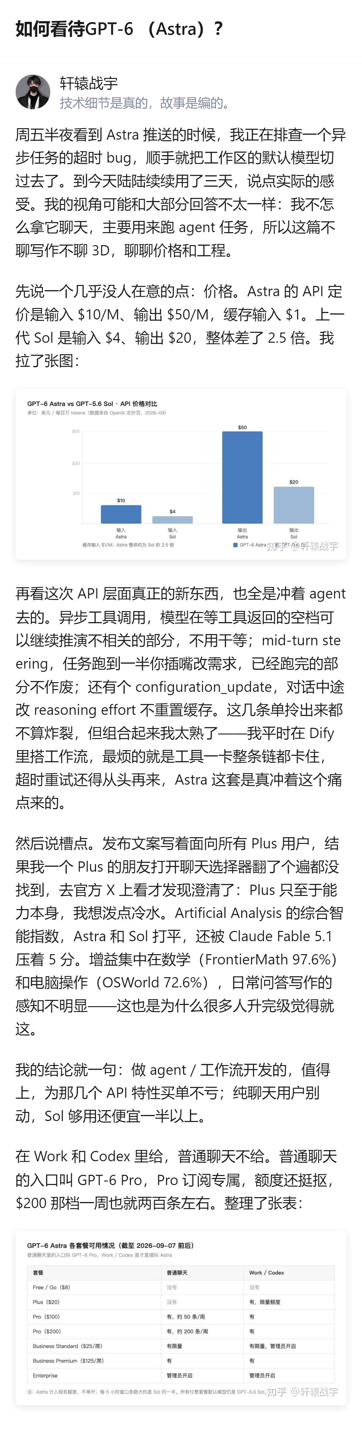 从现有信息看，GPT-6（Astra）的API定价是输入10美元每百万token