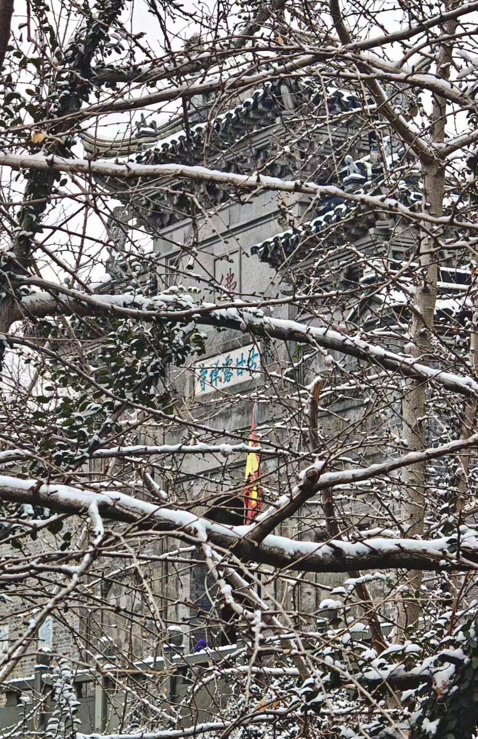 雪在枝桠间织成素网，古建从疏影里探出身，像本被岁月冻住的诗卷，每道檐角都落着禅意