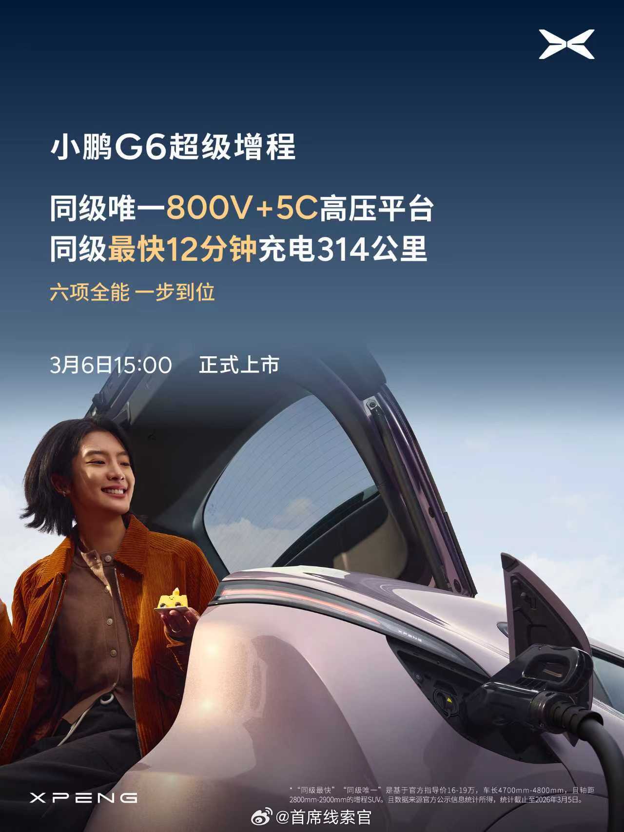 小鹏G6超级增程上市定档3月6日全球最长续航综合 SUV 家族再增一员，小鹏 G