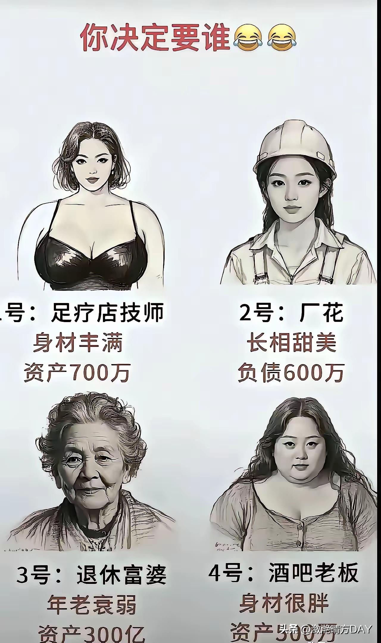 你决定要谁？认知决定结果。
1号：足疗店技师，身材丰腴，资产700万；
2号：厂