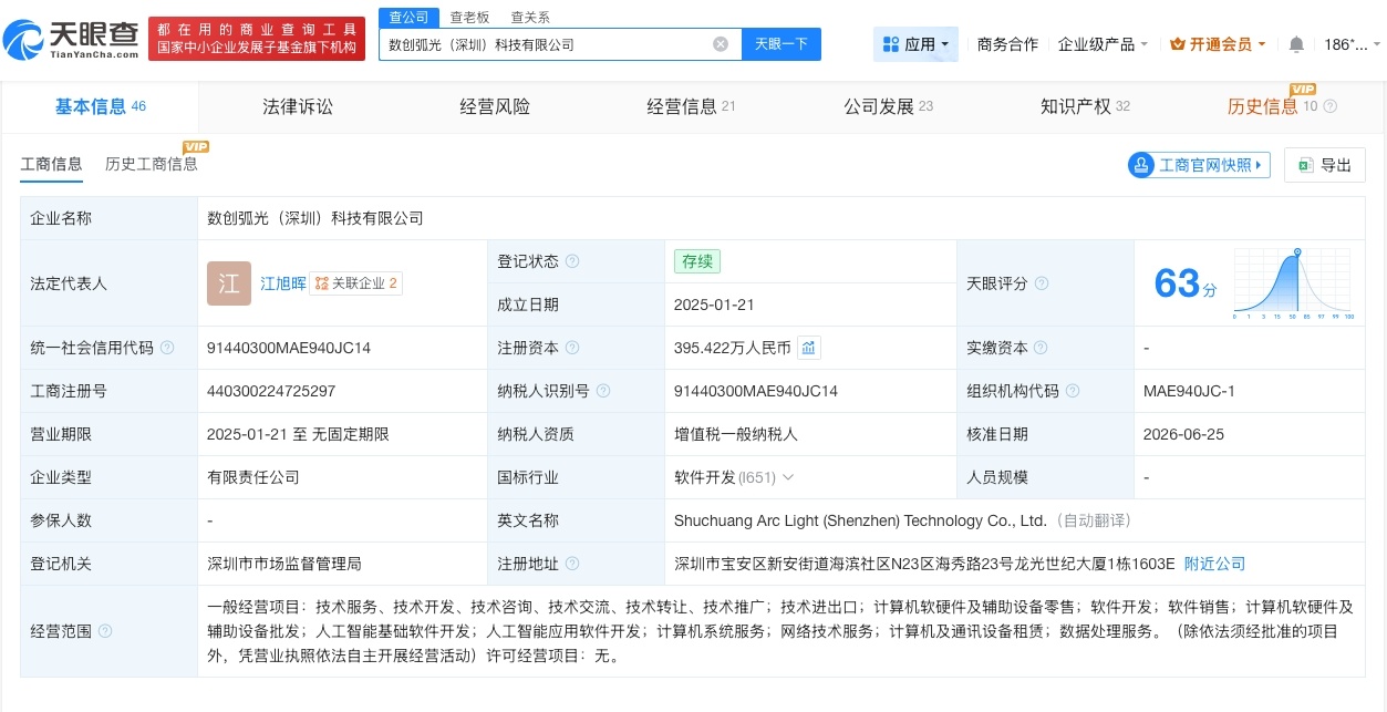 【数创弧光增资至约395万 增幅约12%】财报研究社Pro讯，天眼查App显示，