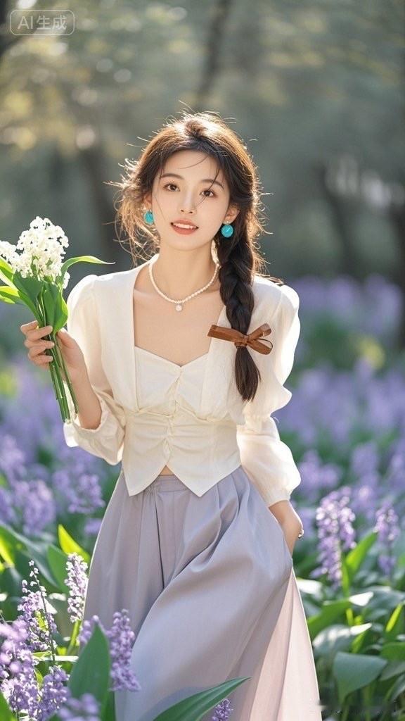 春日花海中的温柔少女，手捧一束紫色花束，宛如童话中的公主。