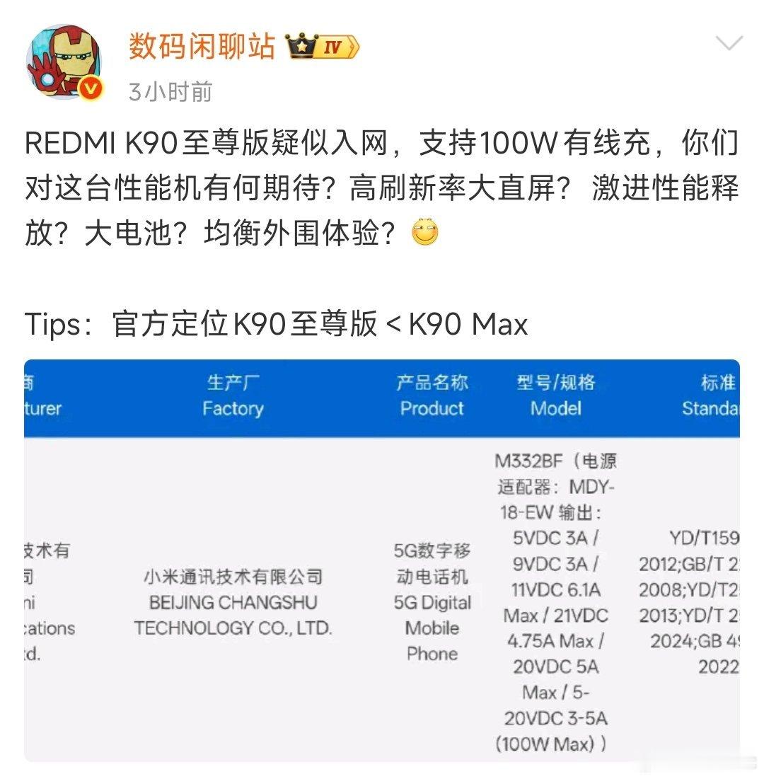 红米K90至尊版入网曝光，100W快充基本敲定，作为一款主打性能的机型，比起亮眼