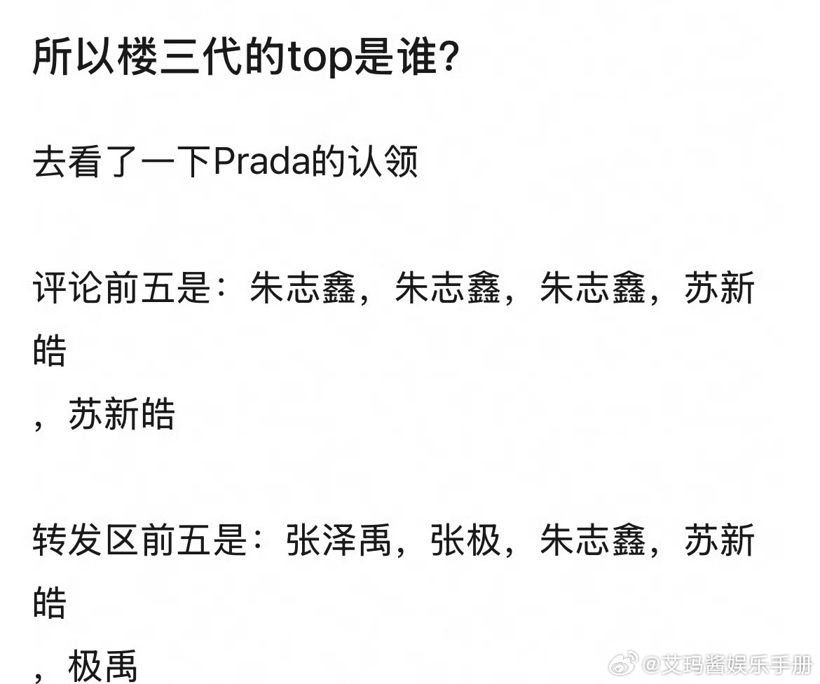 网友热议：观Prada认领登陆少年有感，楼三代的TOP是谁？ ​​​朱志鑫 张泽