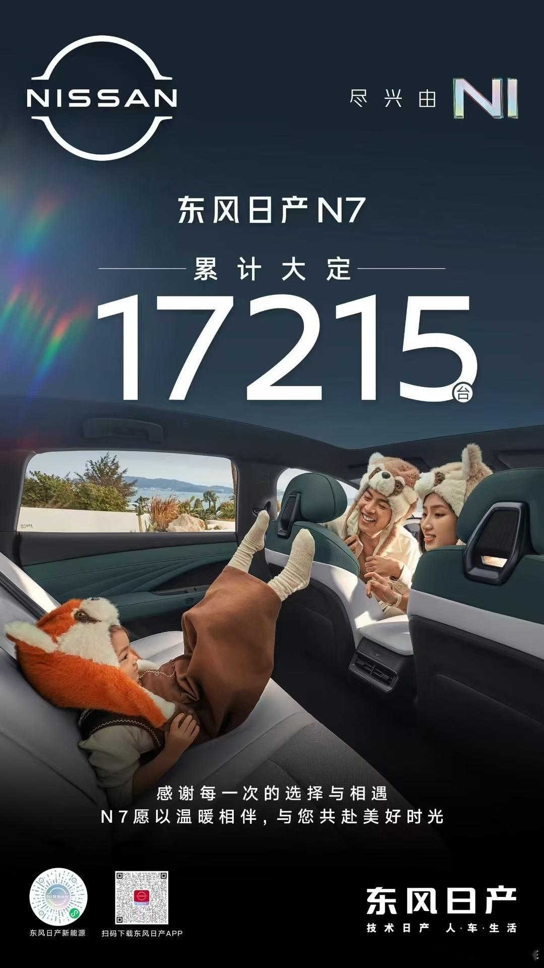 东风日产N7累计大定17215台！买的都说好！超舒适中高级纯电轿车东风日产N71
