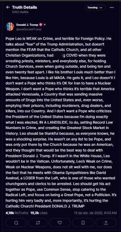 美国总统唐纳德·J·特朗普，称罗马天主教教皇利奥十四世“软弱且自由派”：

利奥