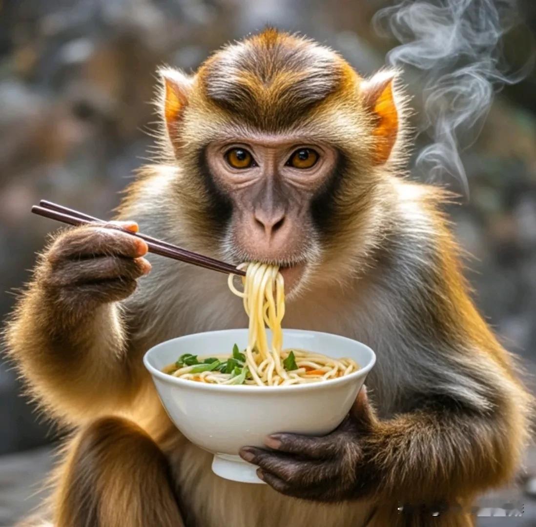 现实中大家见过猴子吃面条吗？