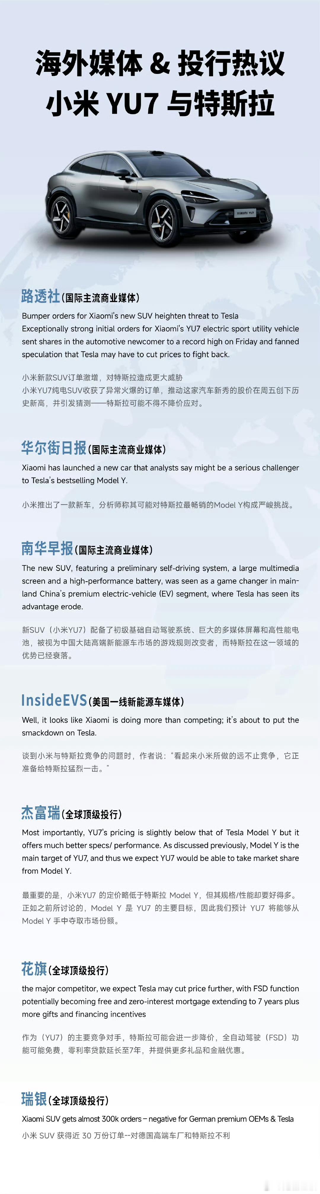 路透社称小米YU7对特斯拉构成更大威胁路透社爆料！小米YU7碾压特斯拉Model