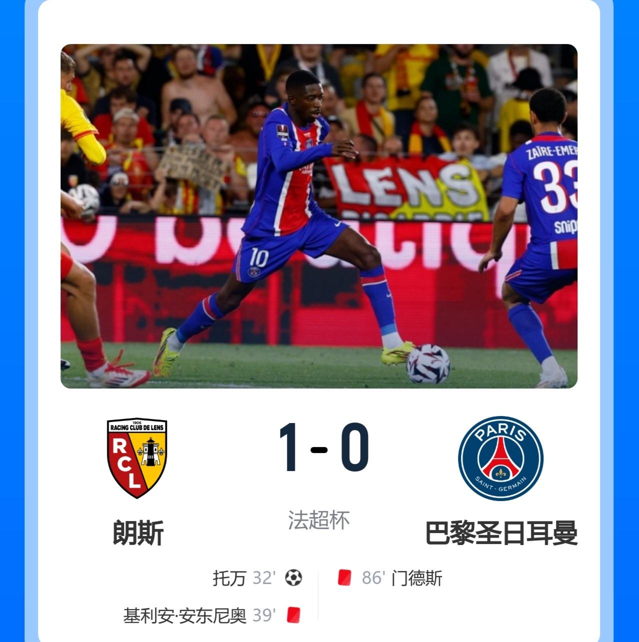 爆冷！各染一红！

巴黎0-1不敌朗斯，无缘法超杯冠军！

此役，托万制胜，基利