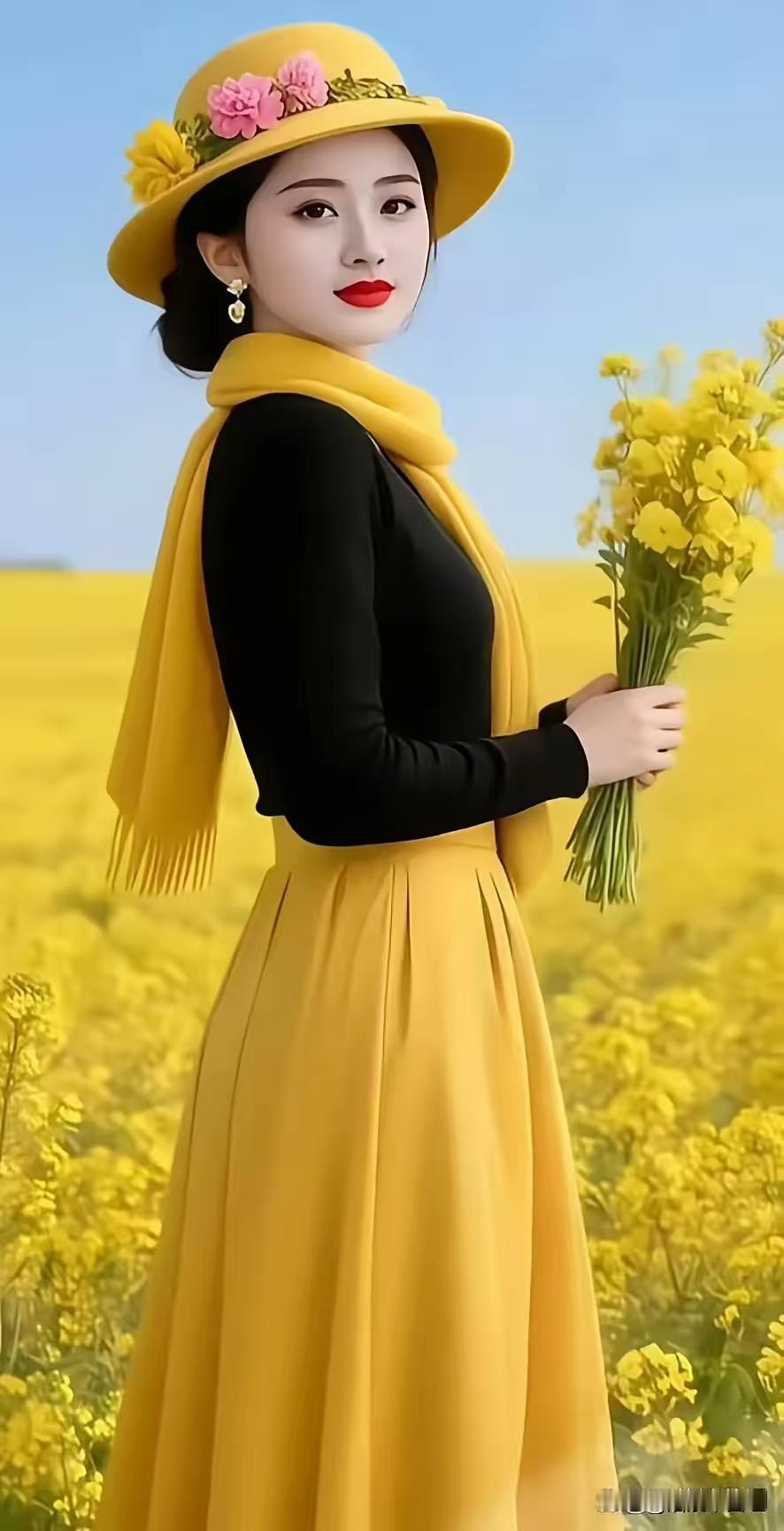 水仙子·黄花佳人
金波翻浪接遥天，
佳影凝姿似画仙。
黄裙染透晴光艳，
素手拈花