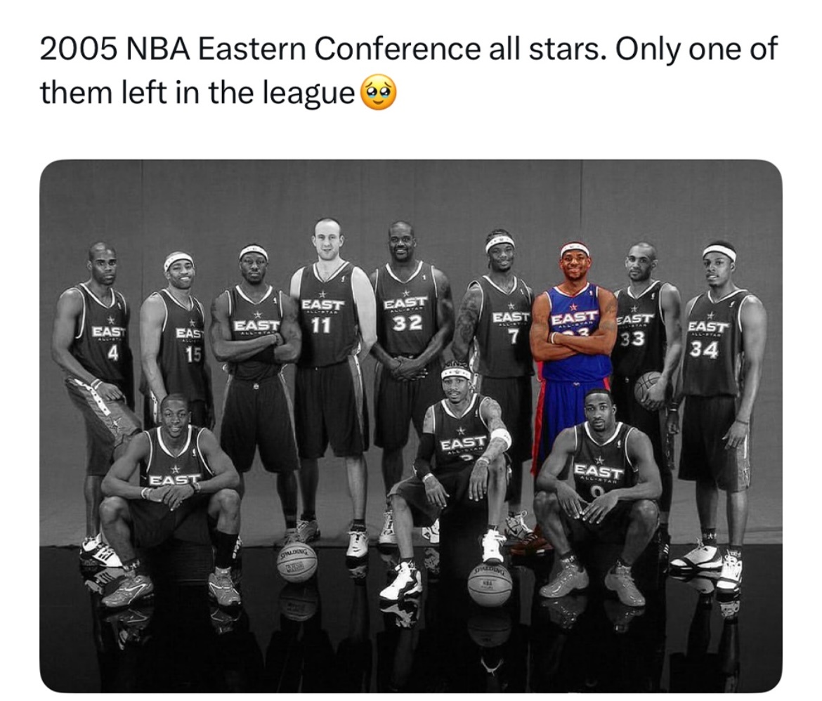2005年东部全明星阵容，只剩下老詹还在联盟了。 ​​​