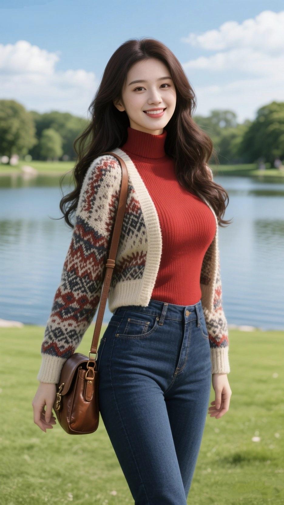 《湖畔晴日》
 
红衫暖过浅冬的风
提花针脚织着北欧的星
牛仔裤裹住青春的弧度