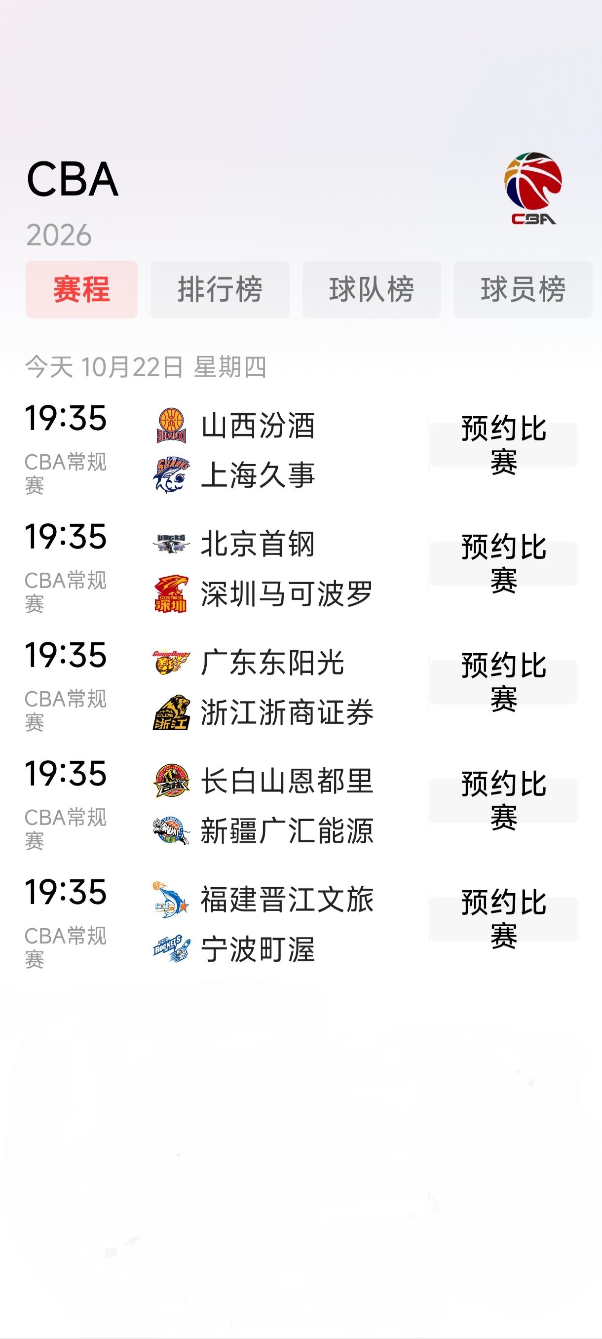 CBA常规赛今晚继续进行，共有五场比赛，场场精彩，看点颇多。
山西汾酒VS上海久