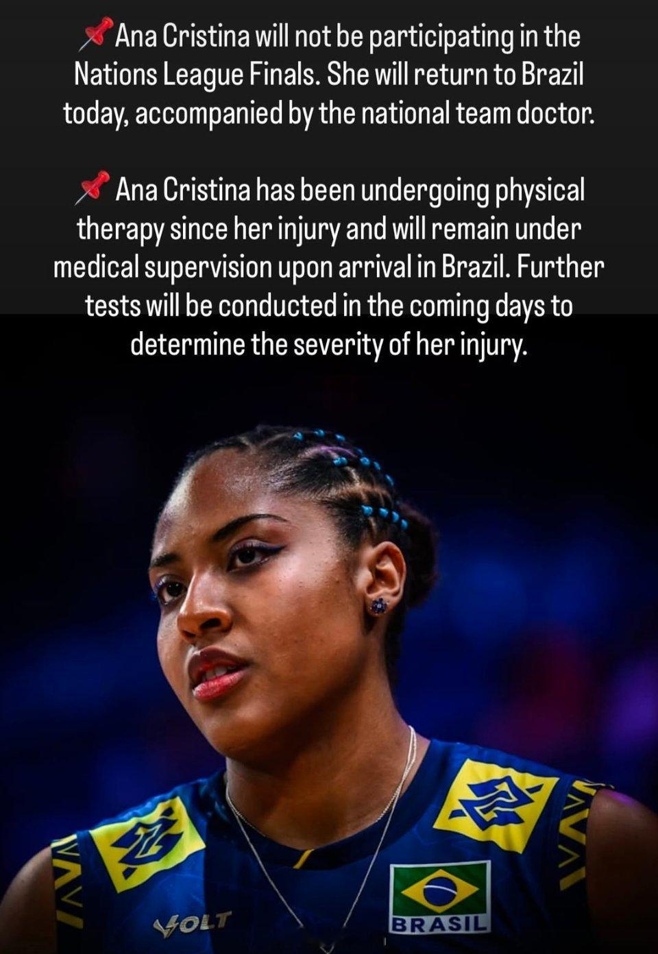 女排[超话]2025世界女排联赛 🇧🇷克里斯蒂娜将不会参加总决赛，她在队医陪