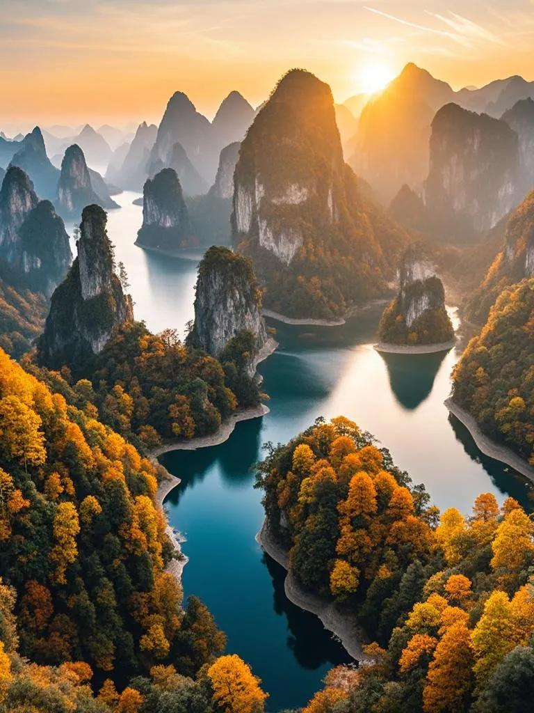 索溪峪秋景，夕阳晕染彩林间，晚桂香随暮霭闲，峻岭平湖共夕烟。霜枫秋色 秋水蓝天映