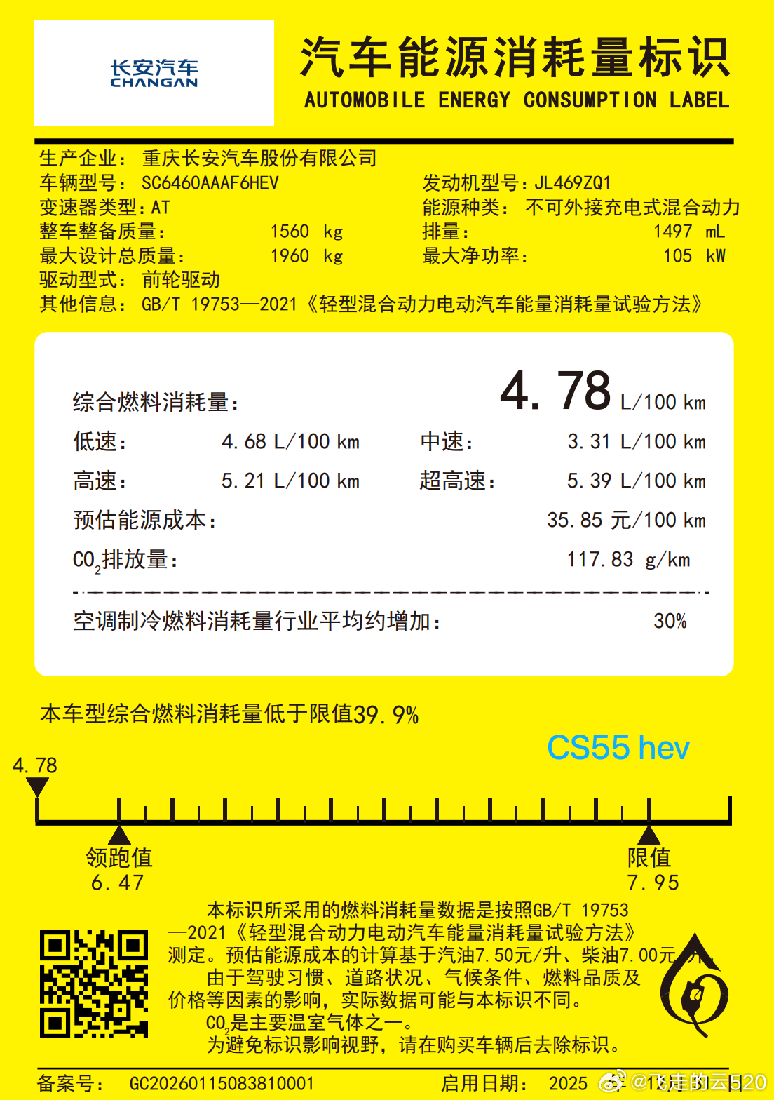 刚刚看到的长安HEV微博，就去看了看工信部的黄色能耗标签CS75的暂时没查到，但