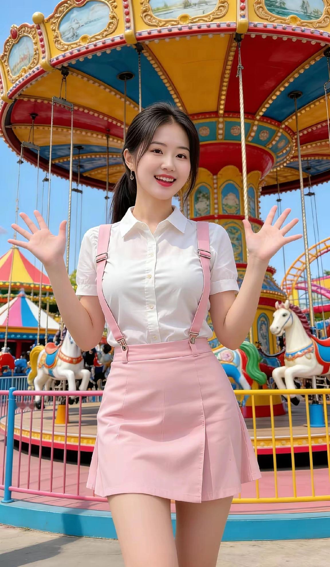 在游乐园的旋转木马上，少女甜美微笑，粉色裙摆飘逸，快乐时光定格！