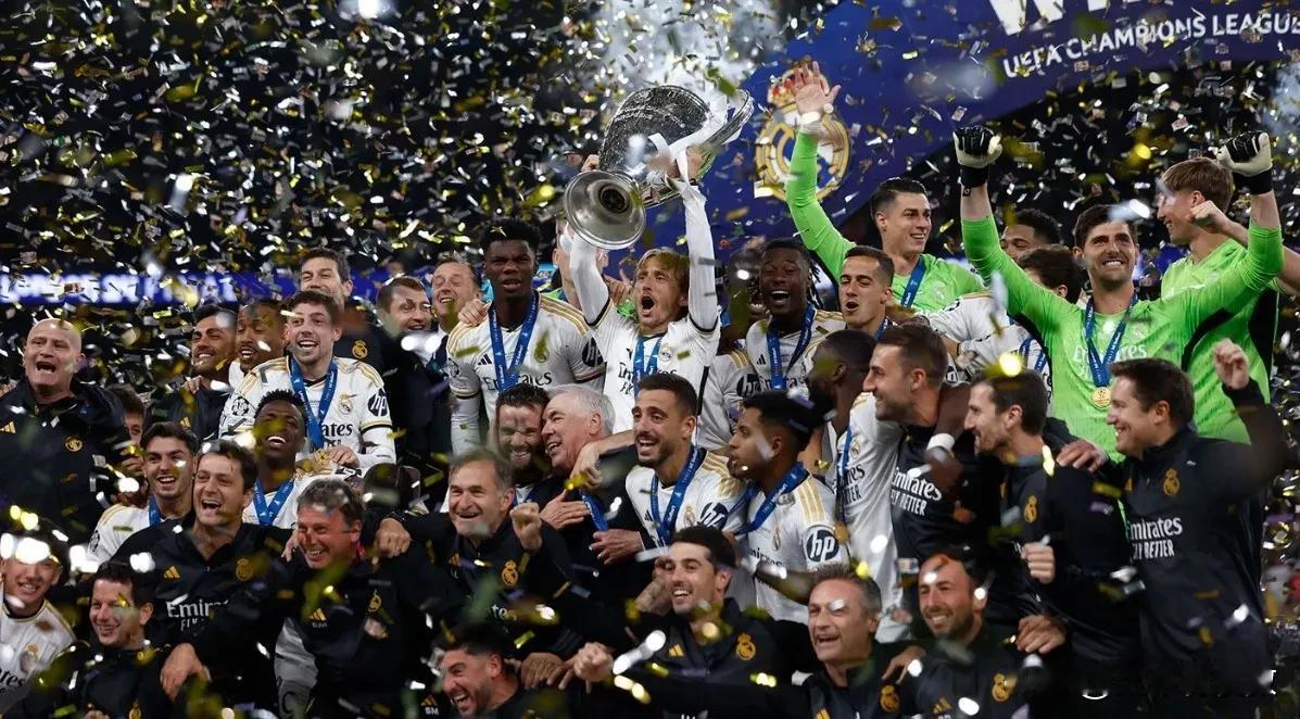 皇家马德里夺冠后，五大联赛俱乐部欧冠夺冠次数更新：
1、西甲：20次（皇家马德里