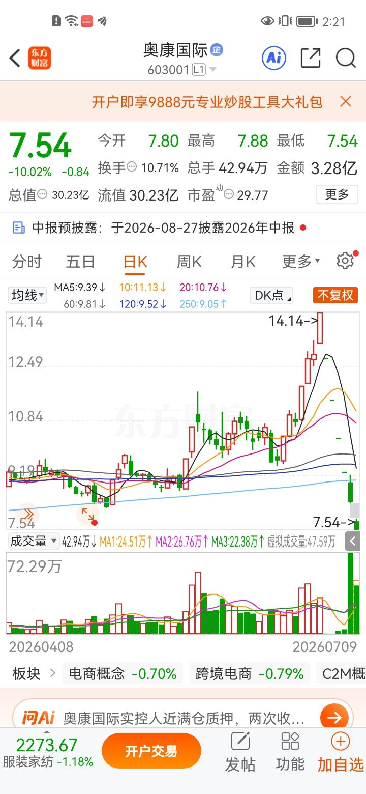 一位股民在股吧里崩溃失声痛哭股，他在14元买入50000股奥康国际，当时奥康国际