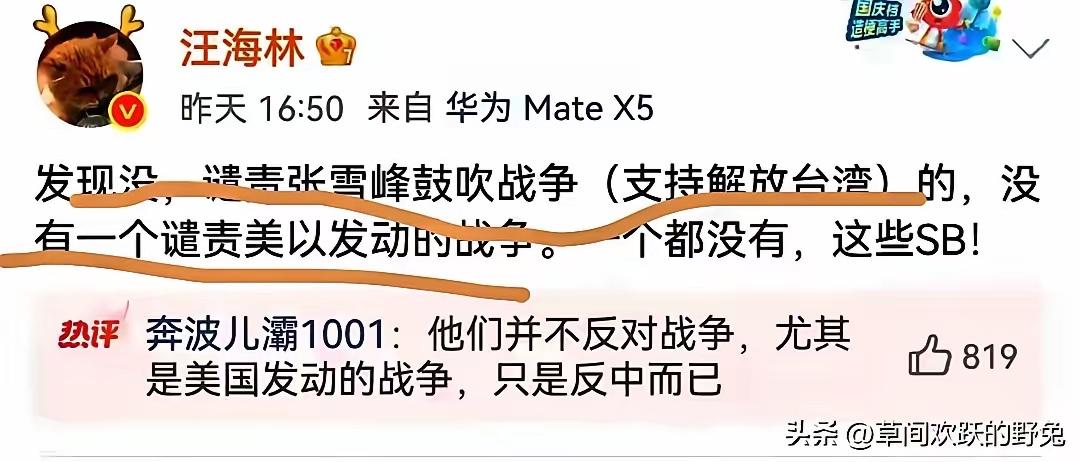 汪海林说:谴责张雪峰鼓吹战争的，没有一个人谴责美以发动的战争！一个也没有，这些X