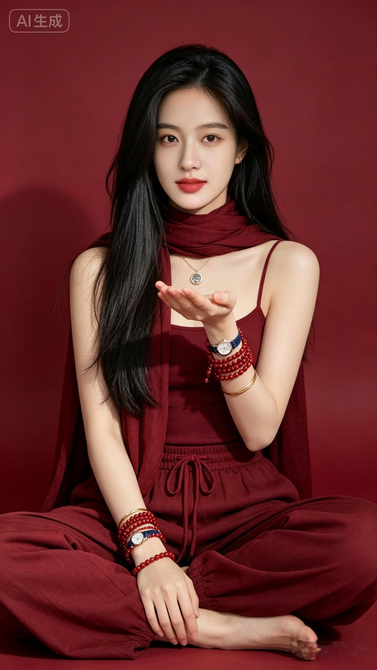 优雅红衣少女，静坐沉思，手捧宝石，韵味十足。