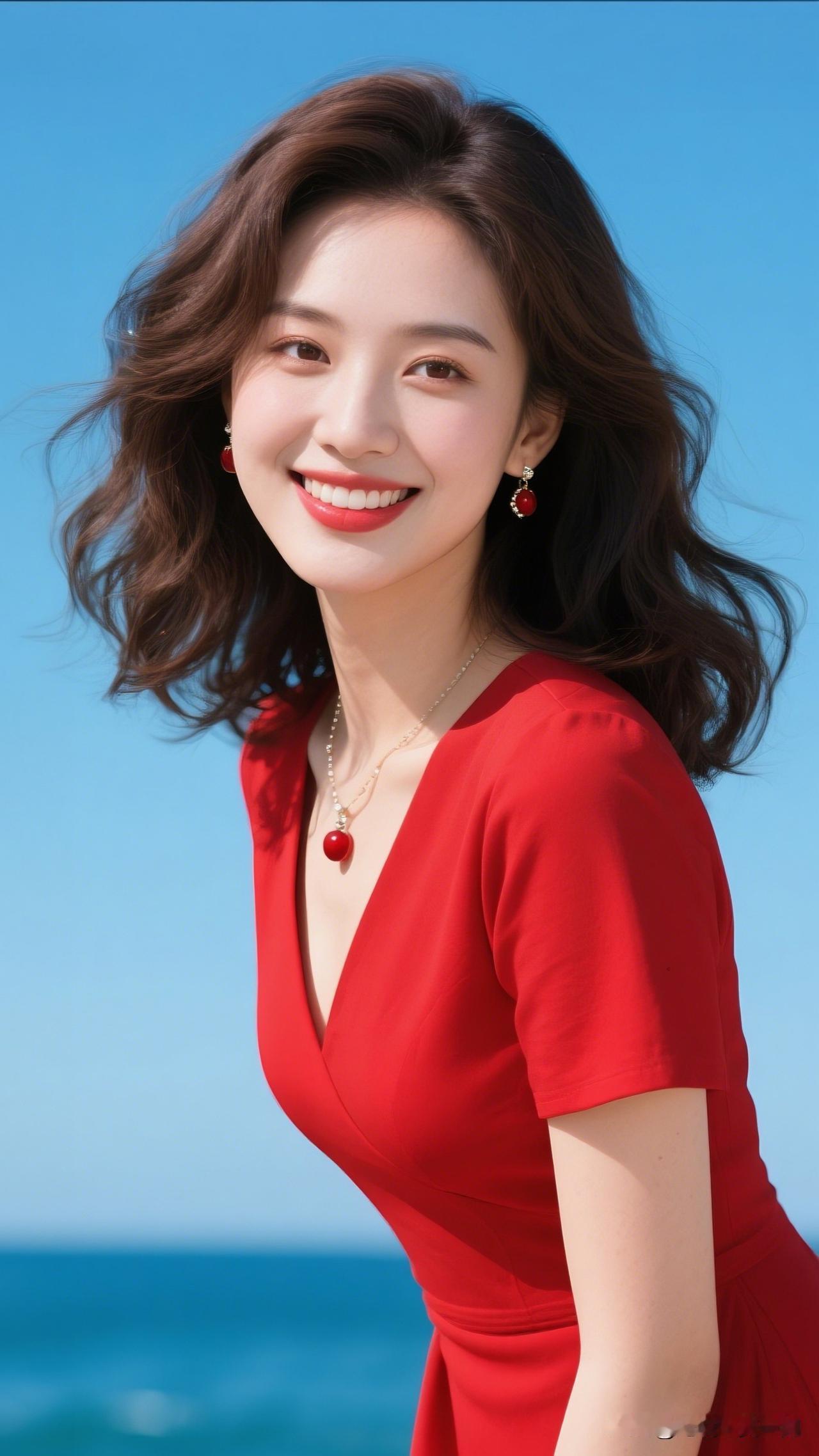红衣美人倚海笑，碧波荡漾映芳容。晒出美丽身影 海边红裙少女，微笑如阳光般灿烂！?