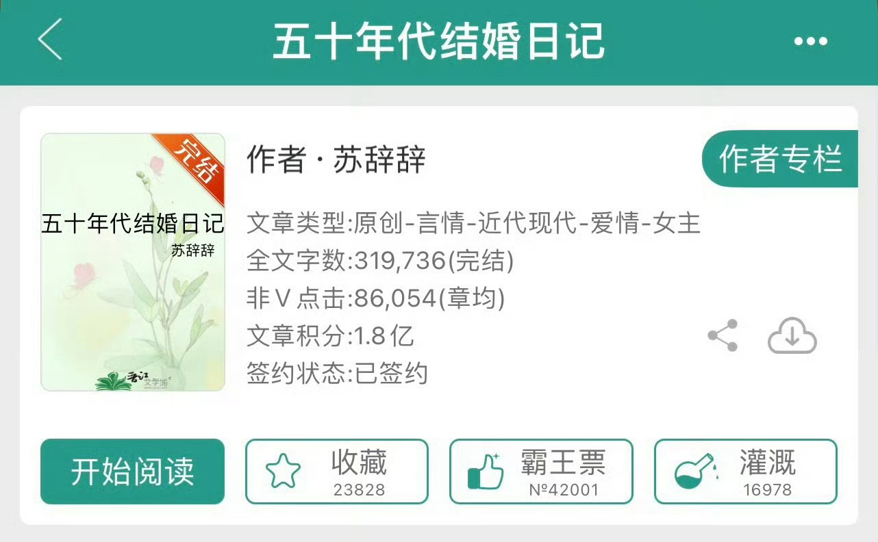 小说推荐：《五十年代结婚日记》作者：苏辞辞简评：理智冷静女主vs腹黑占有欲超强男