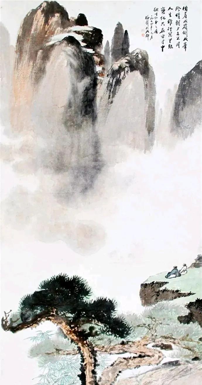 他画山水，积墨泼墨相参，苍茫沉凝、气势磅礴