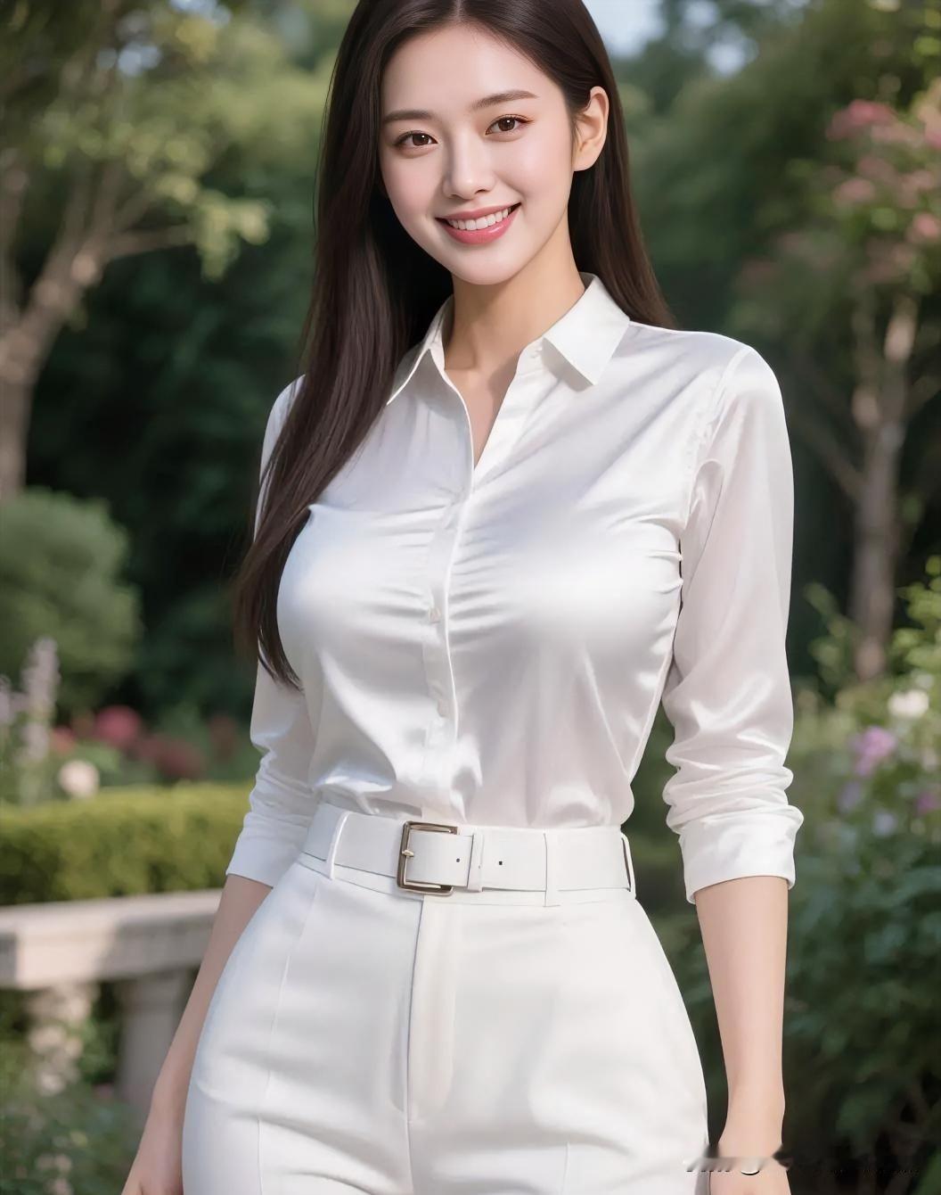 纯白衬衫配高腰阔腿裤，利落剪裁勾勒自信身姿，于绿意繁花间定格明媚优雅的都市风尚。